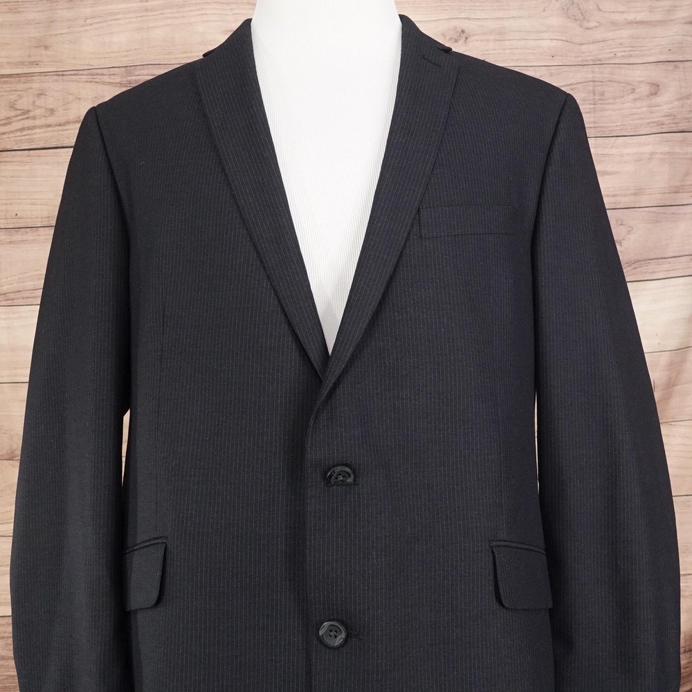 Kenneth Cole Reaction Suit Jacket Mens 46R Gray Striped Polyester Rayon 2 Button